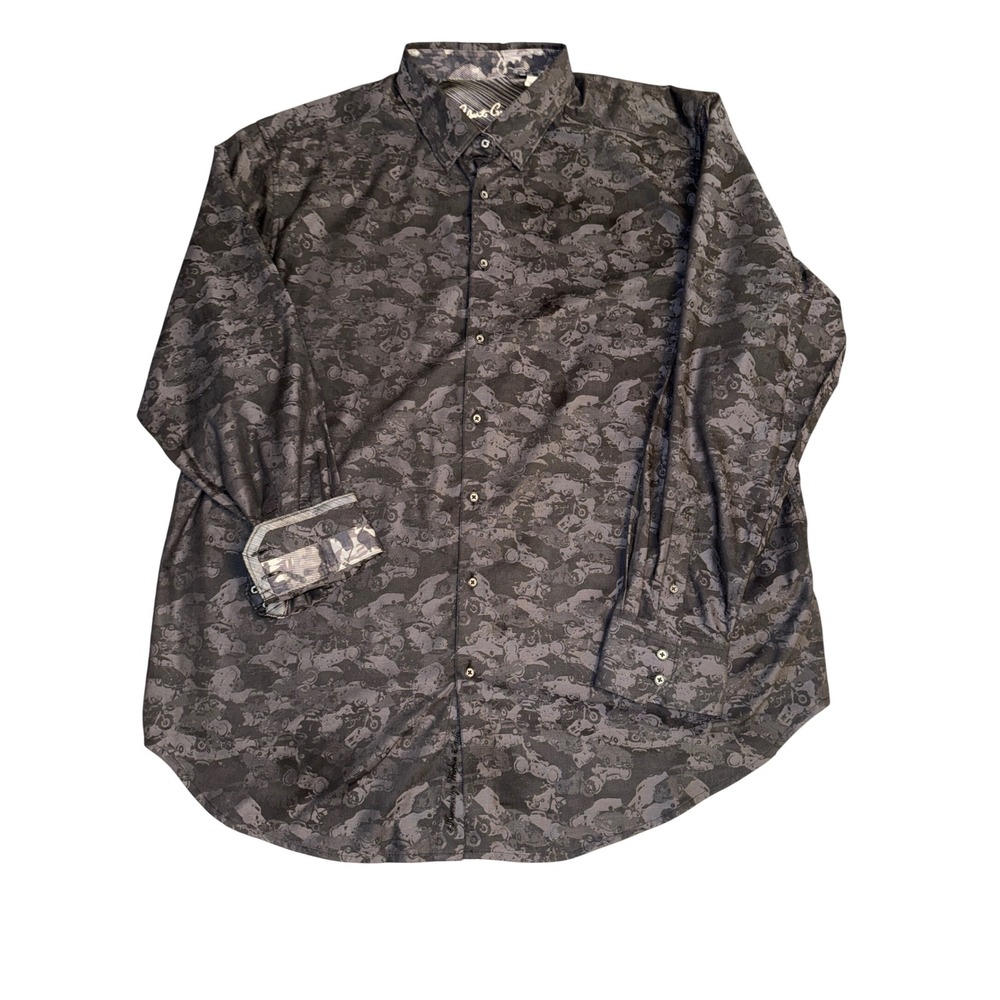 Robert Graham Mens 2XLT Grey Motorcycle Jacquard Button Down Shirt Long Sleeve